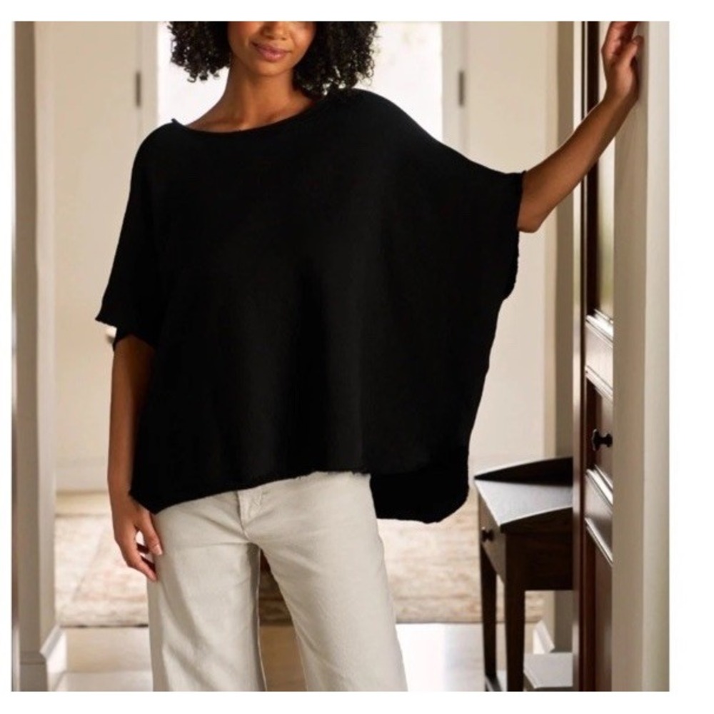 Frank & Eileen Olive Original Capelet Black OS Raw Hem Poncho Top Minimalist